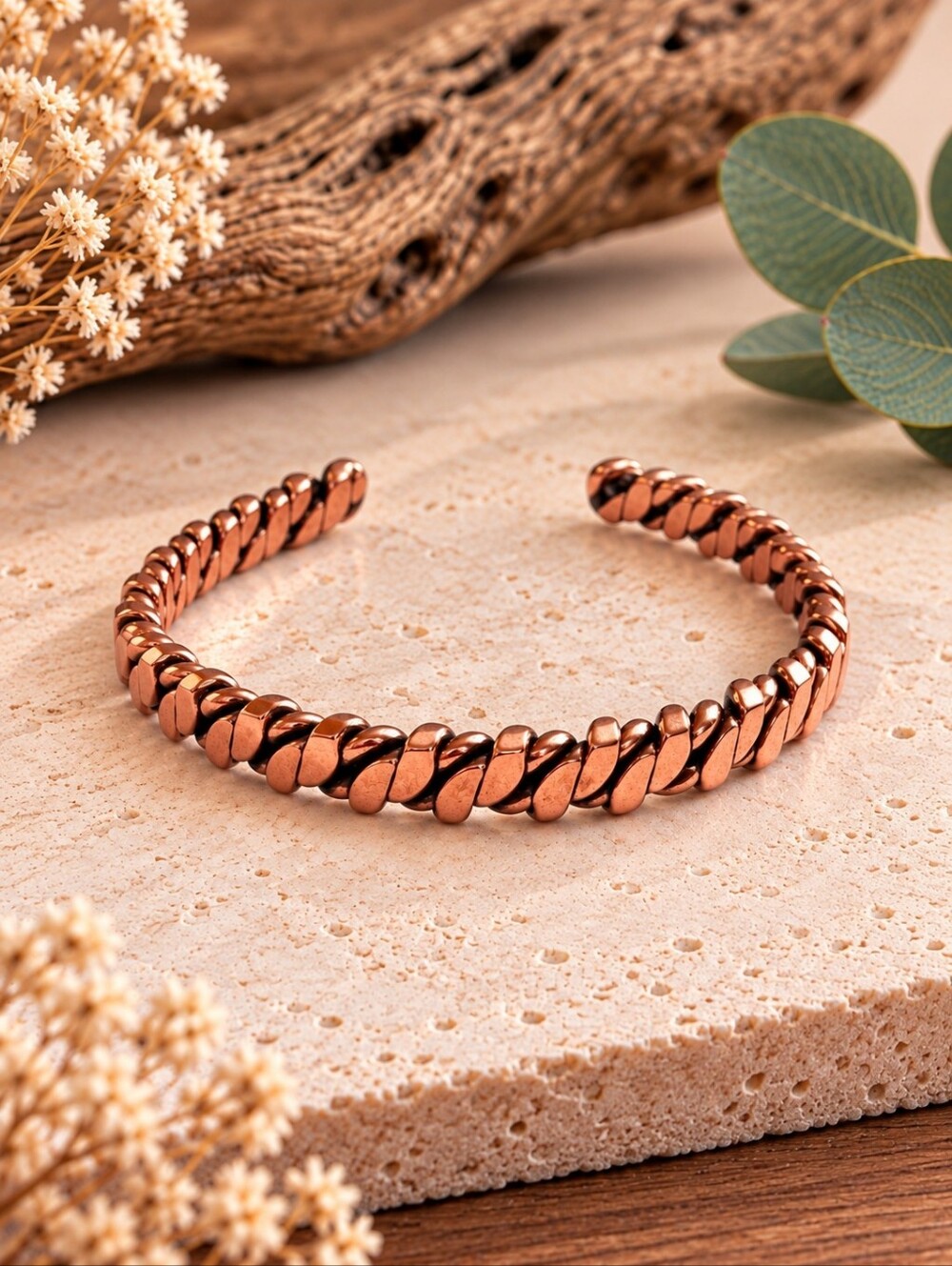 Handmade Pure Copper Twisted Cuff Bracelet Adjustable Open Bangle Unisex 7.75"